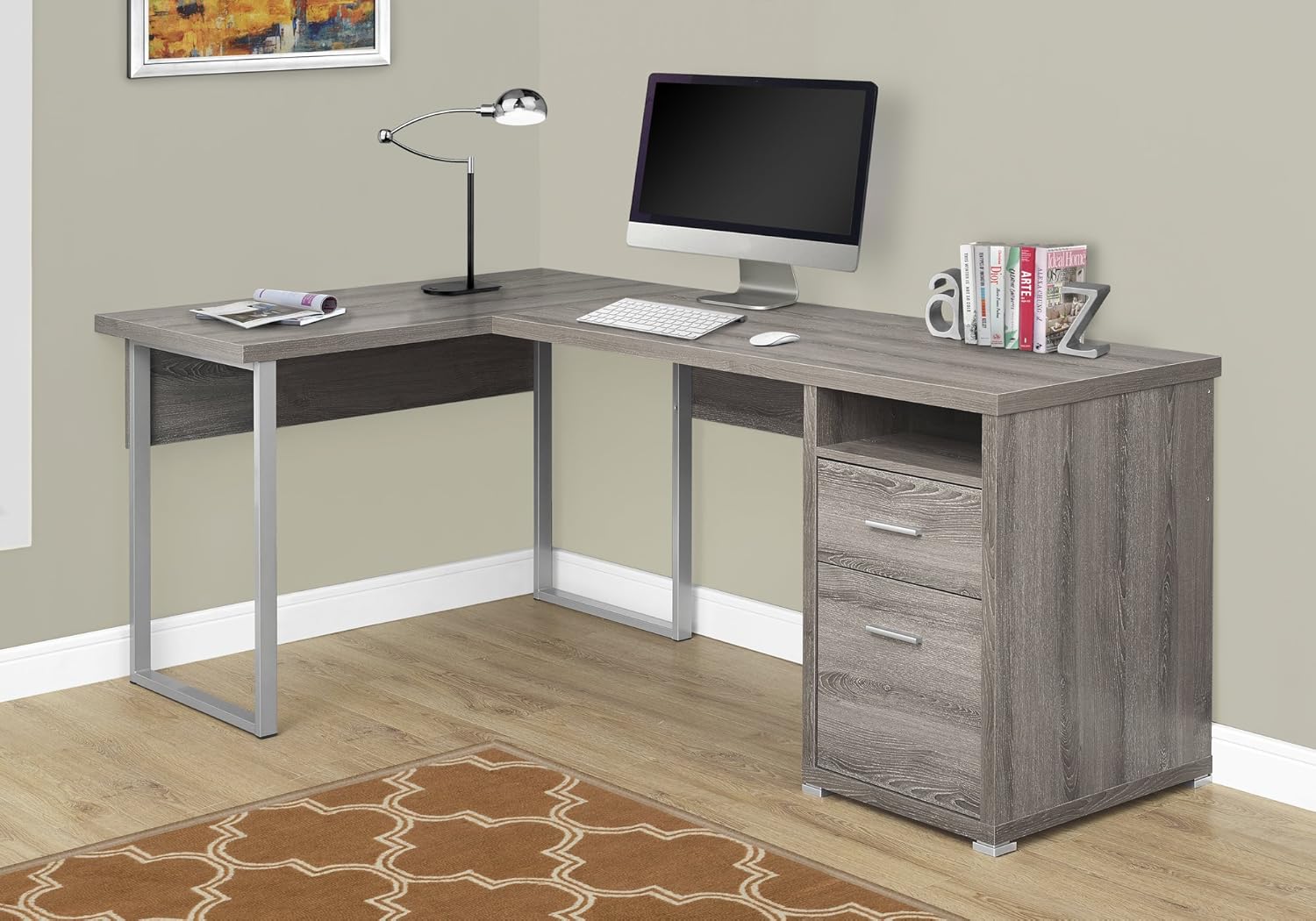 80L Dark Taupe L-Shaped Corner Desk with File Cabinet N743