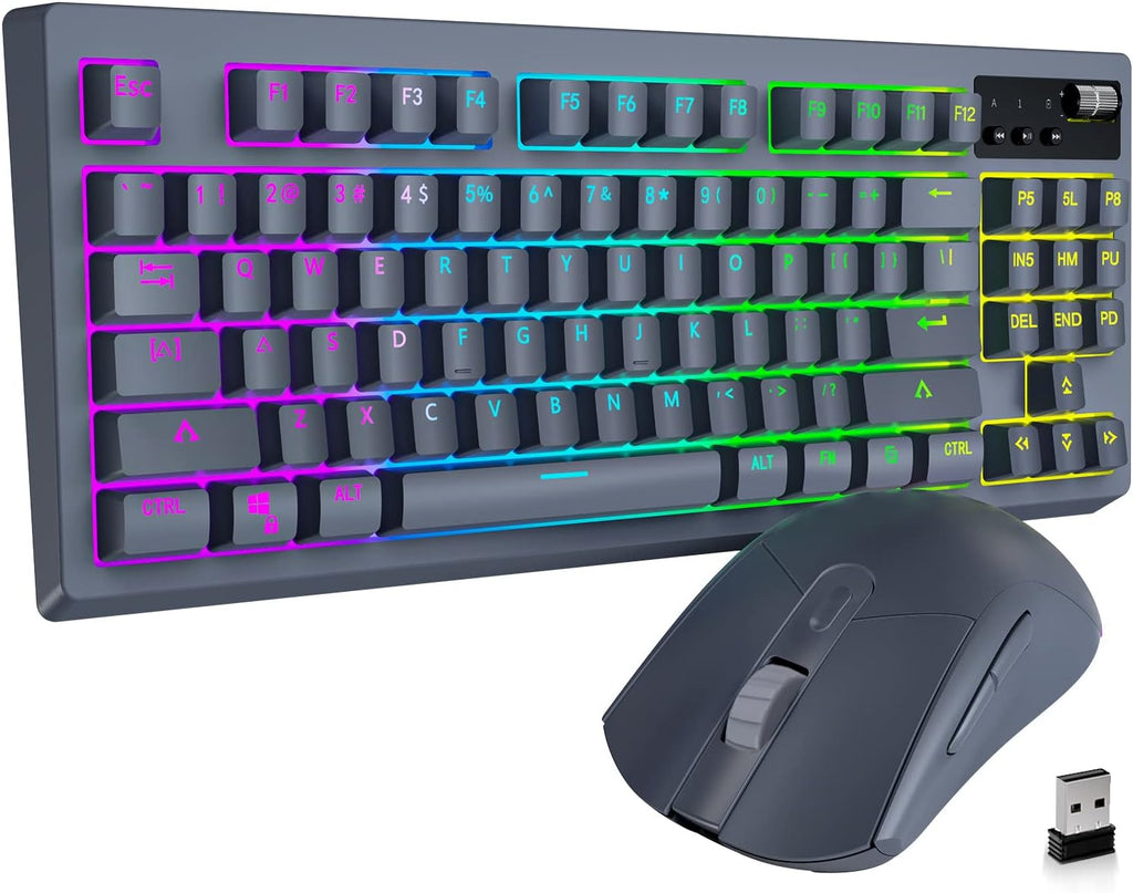 Wireless Mechanical Gaming Keyboard and Mouse, RGB Backlit Rechargeable 3600mAh Battery, Anti-ghosting Keyboard + 7D 3200DPI Mice (Brown Switch, Black) J8265