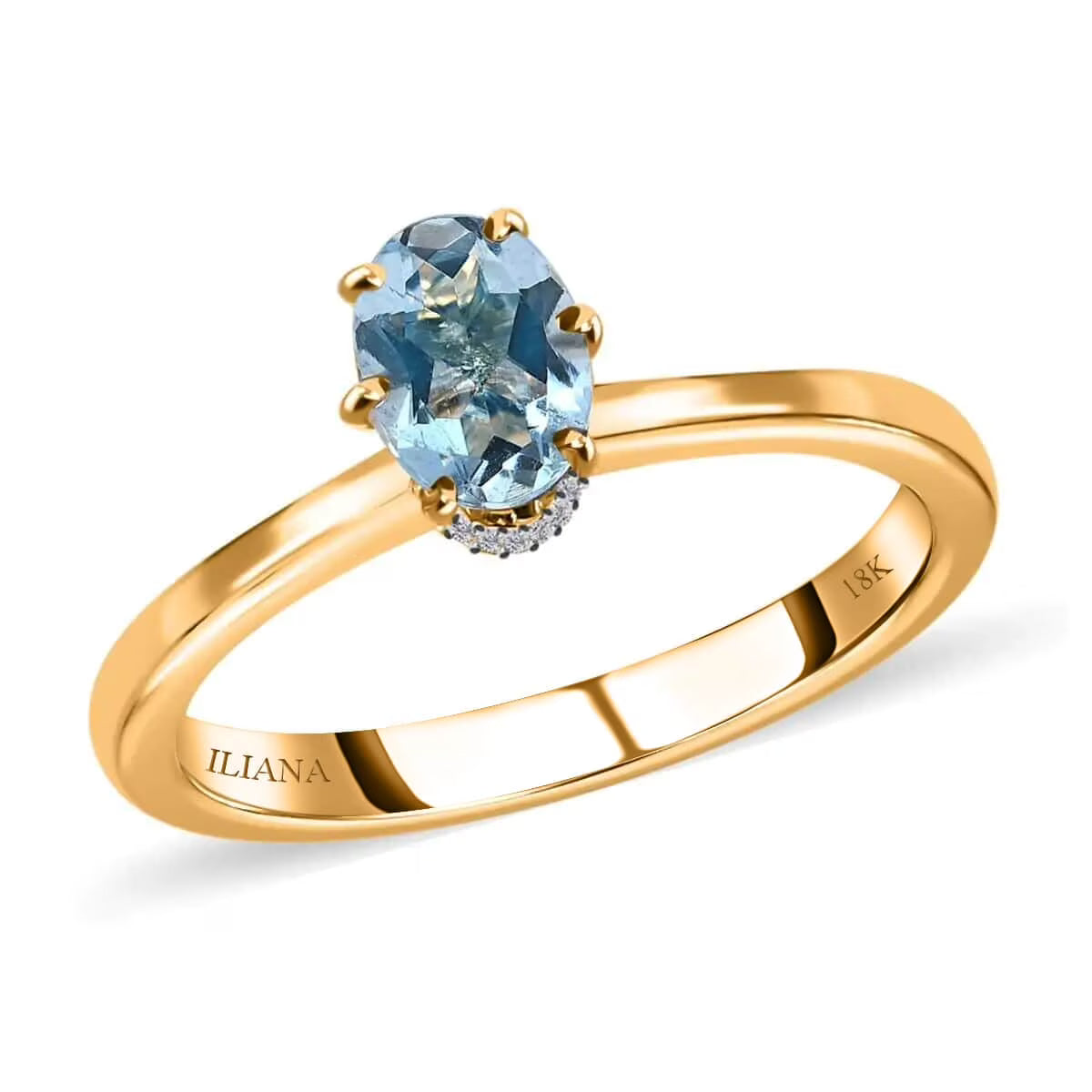 Oval Blue Aquamarine White Diamond 18K Yellow Gold Ring Size 7 Q10495