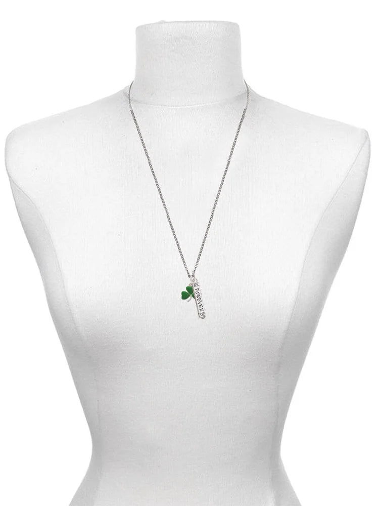 Silvertone Green Shamrock Mother Daughter Bar Charm Necklace, 23" Y48985