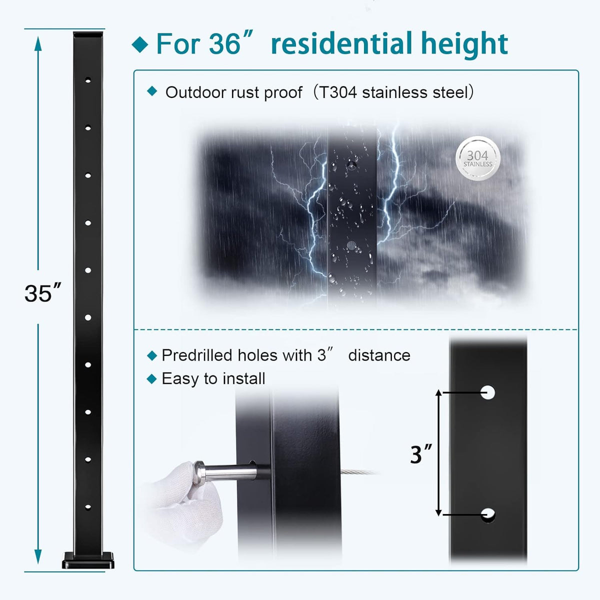 4Pack 36''x2''x2'' Black Square Weldless Stainless Steel Pre-Drilled Cable Railing Post R348866