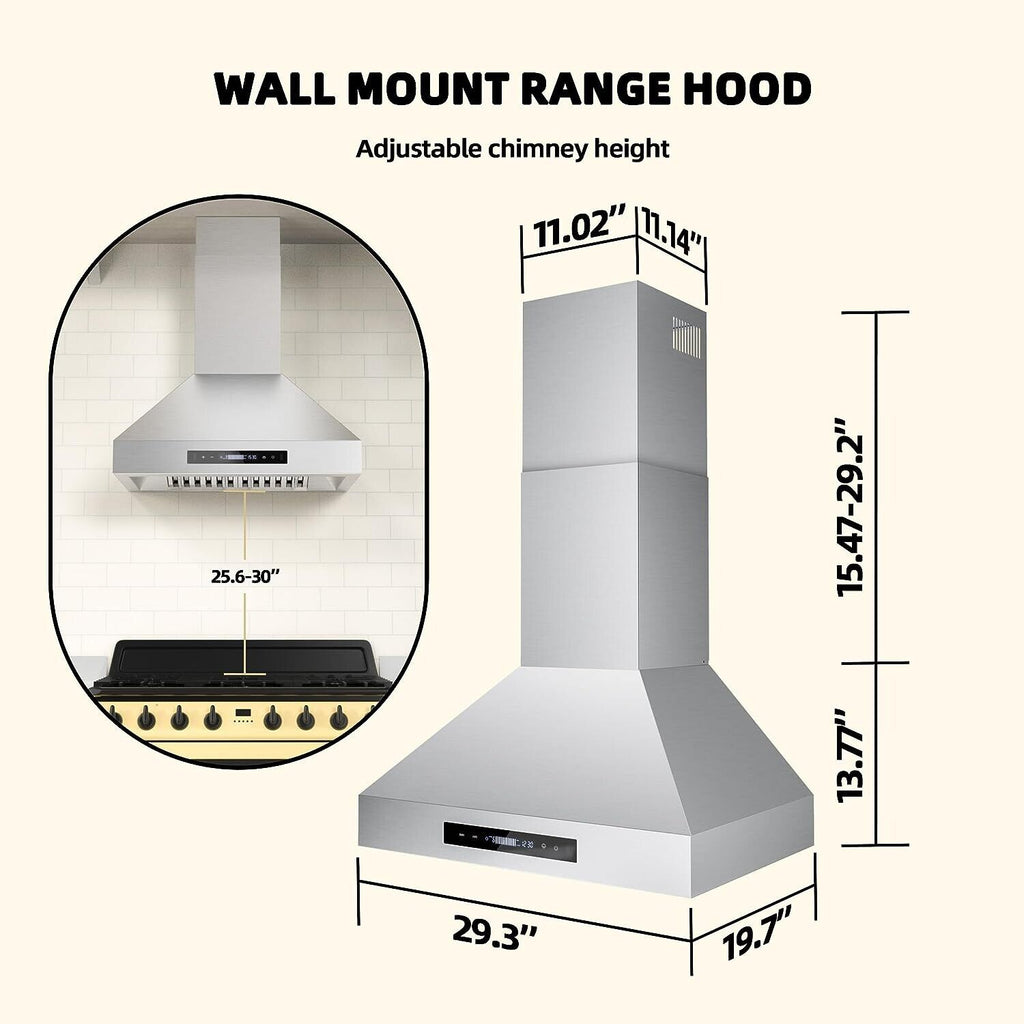 30 inch Wall Mount Range Hood Stainless Steel 900CFM 3-speeds O45859