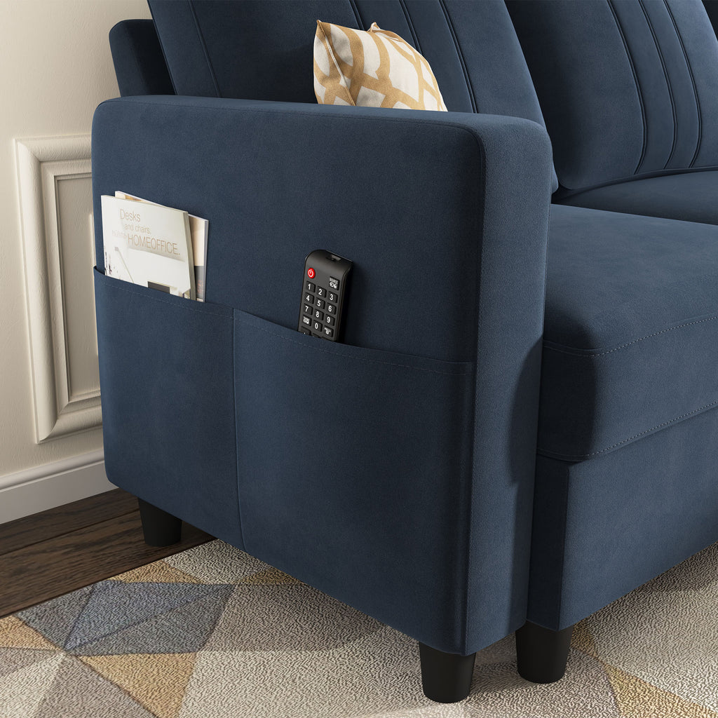 Dark Navy Blue Velvet L-Shaped Sectional Sofa with Storage Chaise R1276