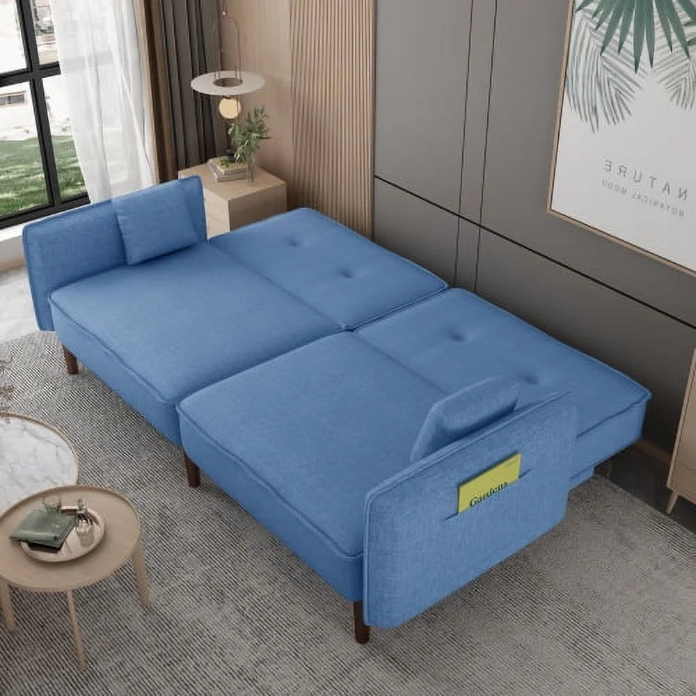 Blue Fabric Futon Sofa Bed with Solid Wood Leg O6761