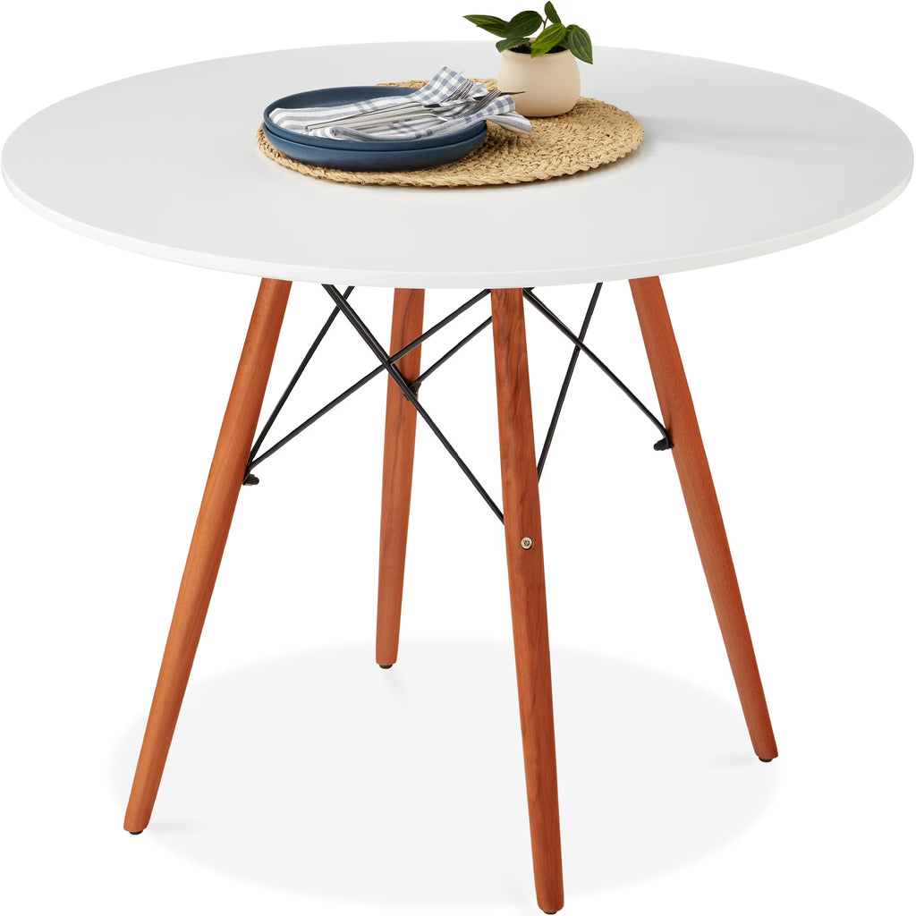 White Round Mid-Century Modern Dining Table with Metal Frame O79730