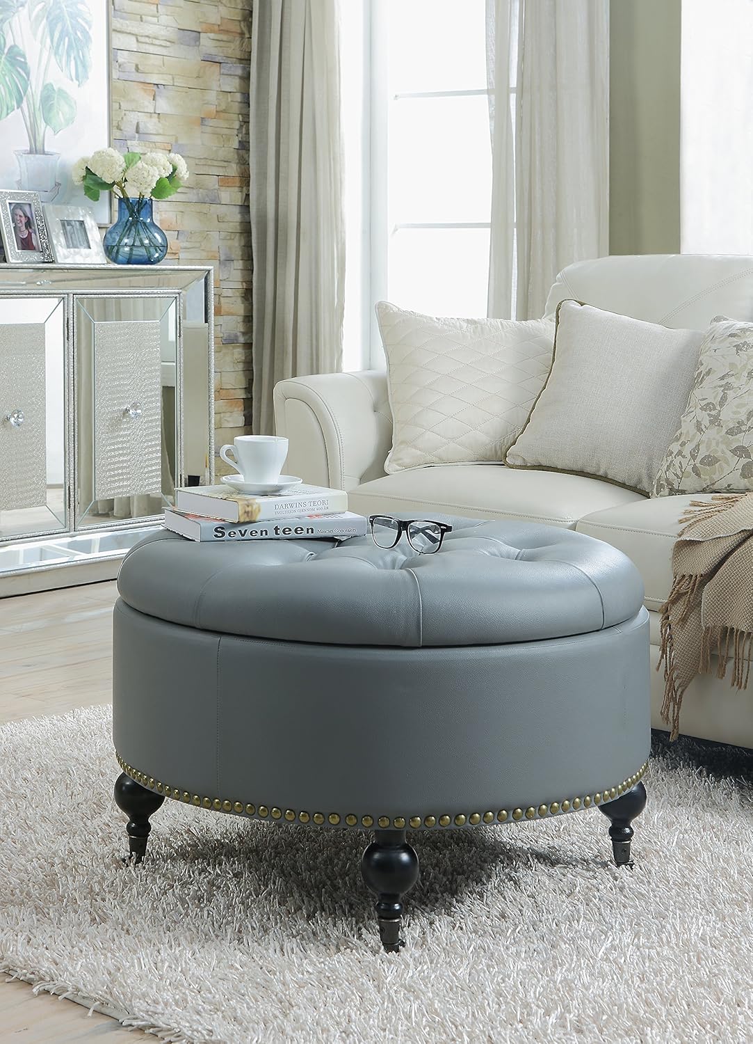 Black PU Button Tufted Round Ottoman V9731