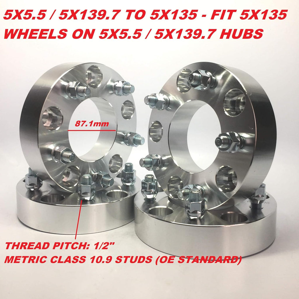 4 Pieces 1" 25mm Conversion Wheel Adapters 5x5.5 to 5x135 5x139.7 to 5x135 1/2" Stud Center Bore 87.1mm with Open End Lug Nuts M128484