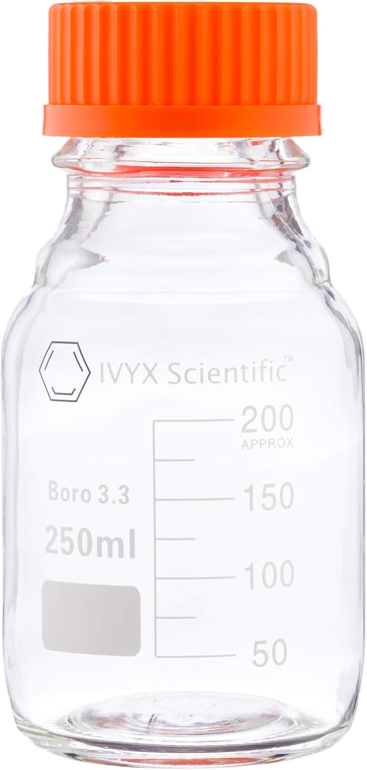 Round Media Storage Bottle, Borosilicate Glass, with GL45 Screw Cap - Pack of 2 (100 mL) U560
