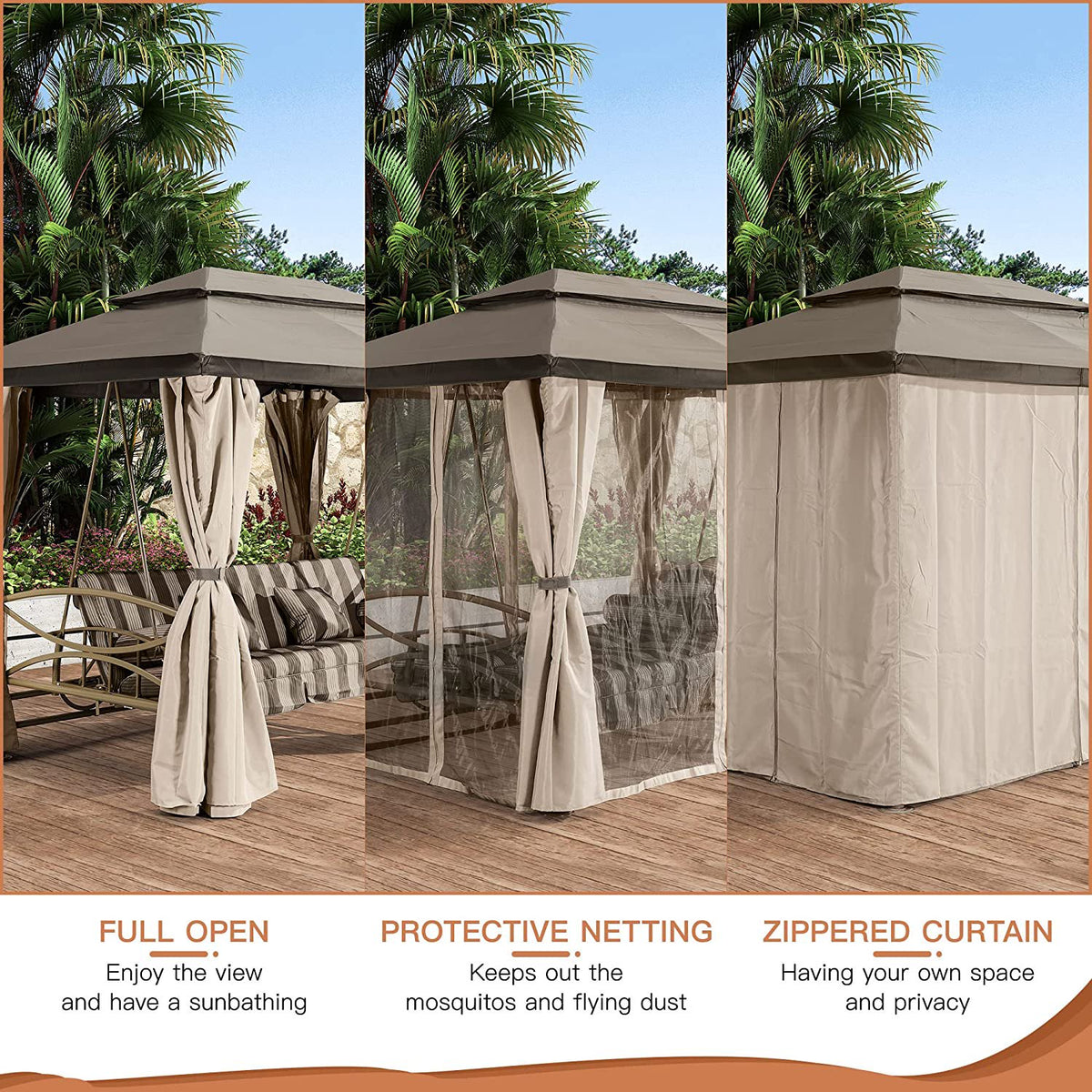3 Person Double Top Outdoor Patio Gazebo Swing with Netting & Curtain I8316