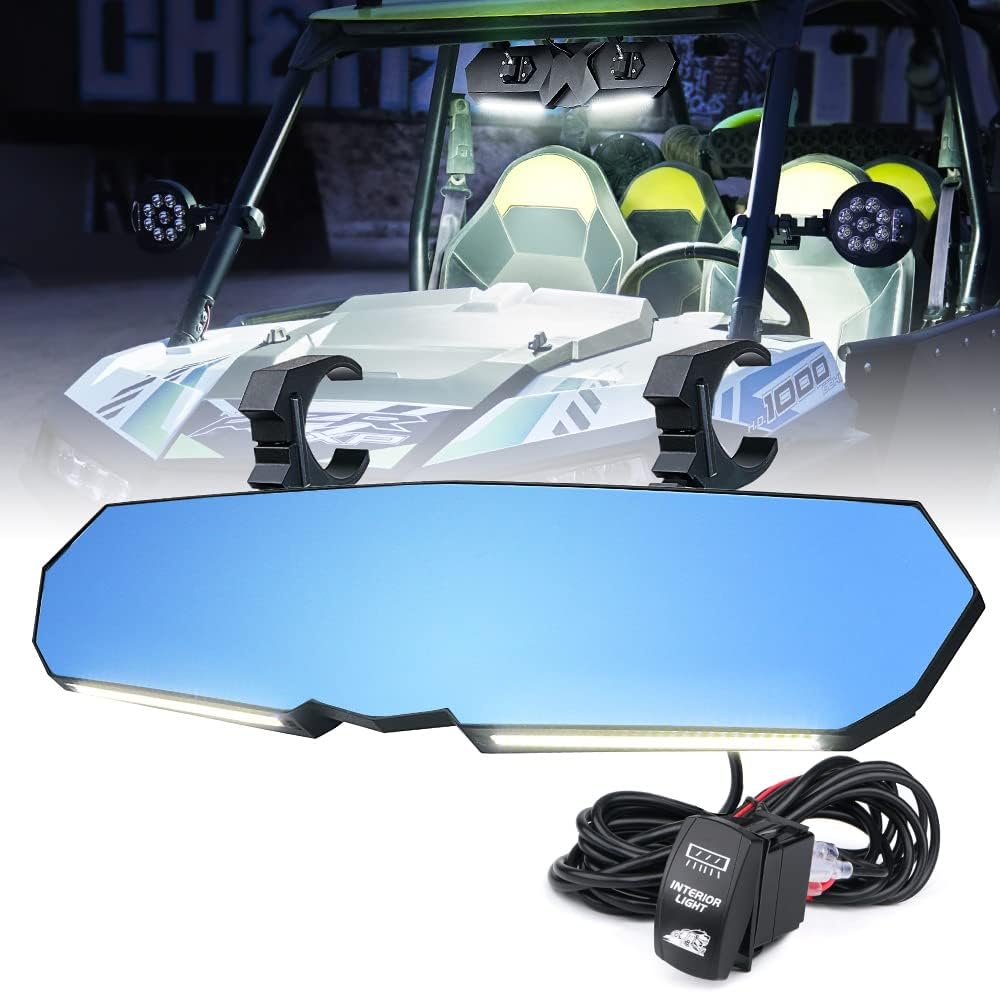 13 UTV Rearview Center Mirror with COB LED Interior Lights and Rocker Switch, Aluminum Rear View Mirrors E590654