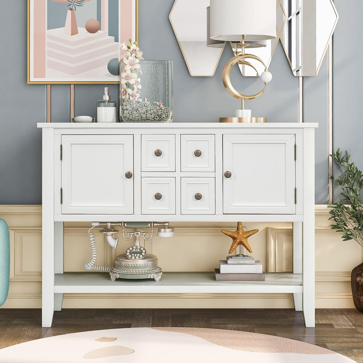 Navy Blue Solid Wood Console Table with 3 Drawers, 2 Cabinet, 1 Shelf B566648