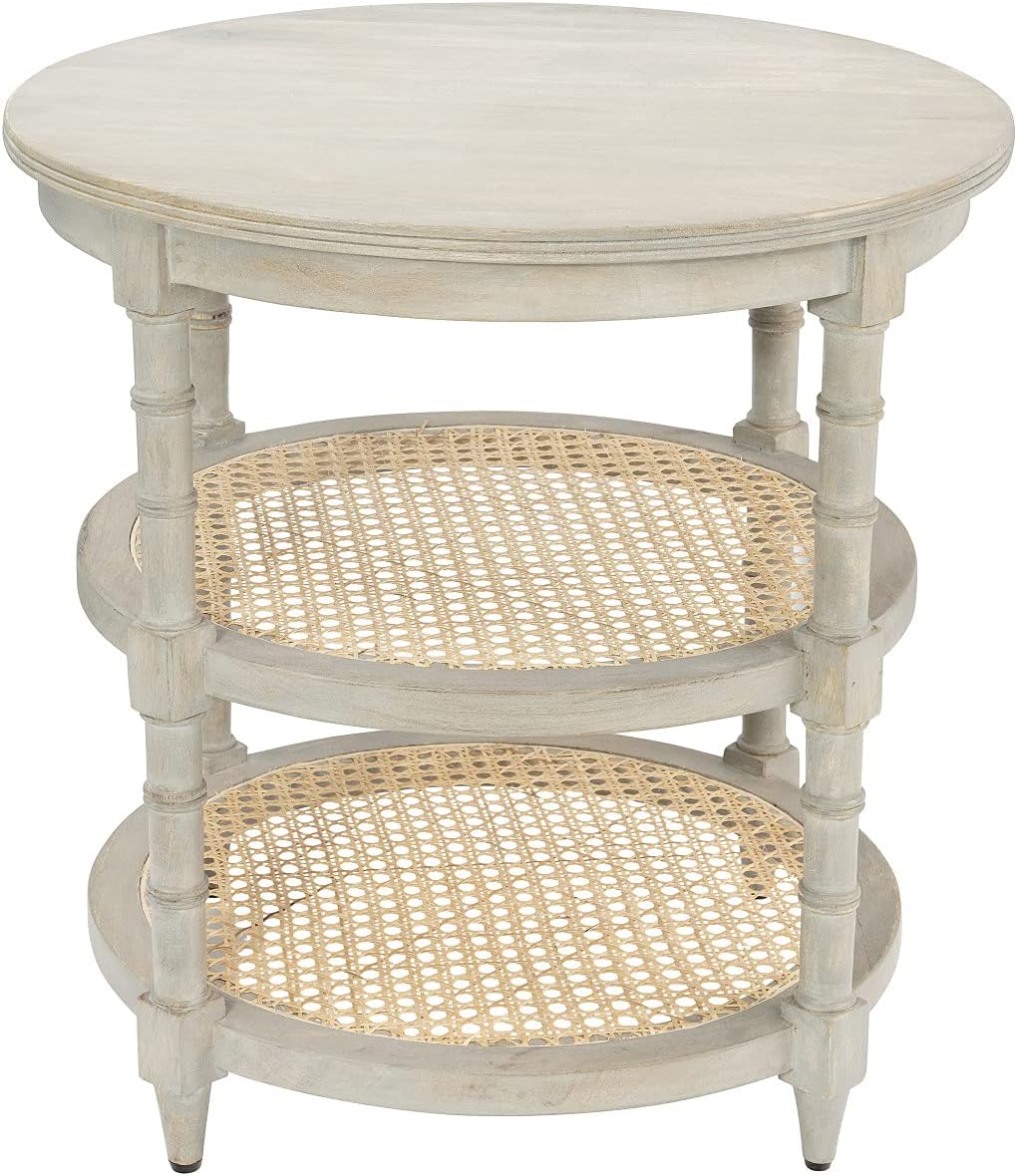 Round Mango Wood Table with 2 Cane Shelves C776