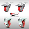 3 inch Red Polyurethane Top Plate Caster Set 2 Lock Brake 2 Rigid Y855