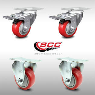 3 inch Red Polyurethane Top Plate Caster Set 2 Lock Brake 2 Rigid Y855
