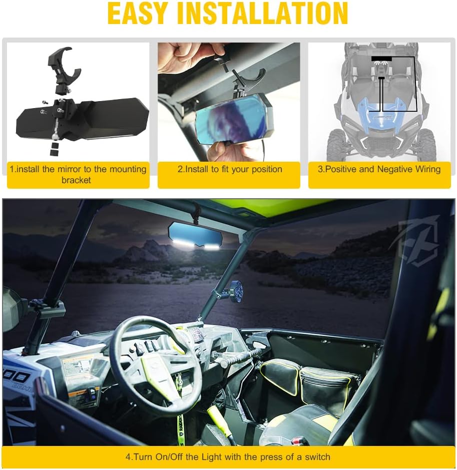 13 UTV Rearview Center Mirror with COB LED Interior Lights and Rocker Switch, Aluminum Rear View Mirrors E590654