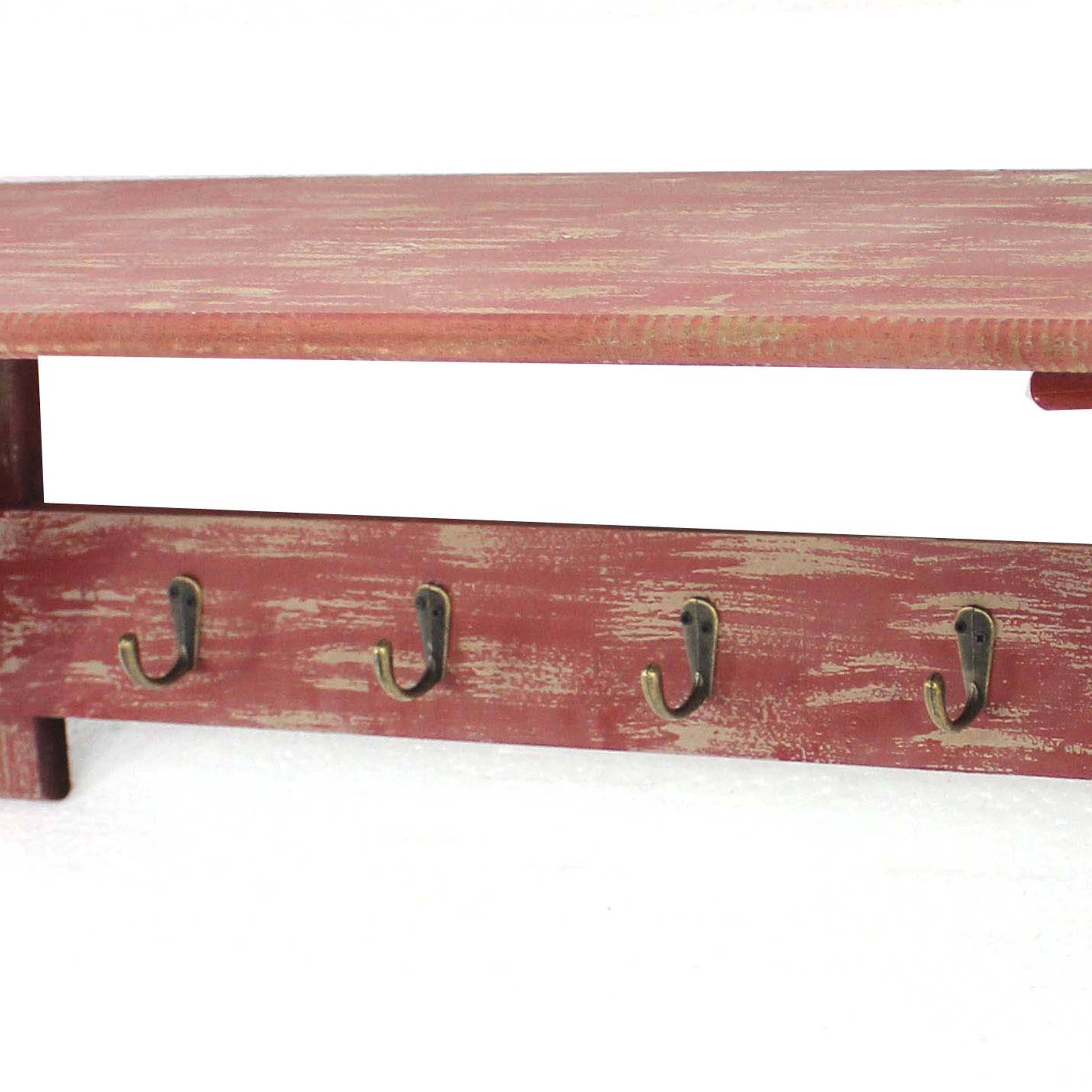Distressed Red Wooden Wall Shelf with 4 Hooks Y134303