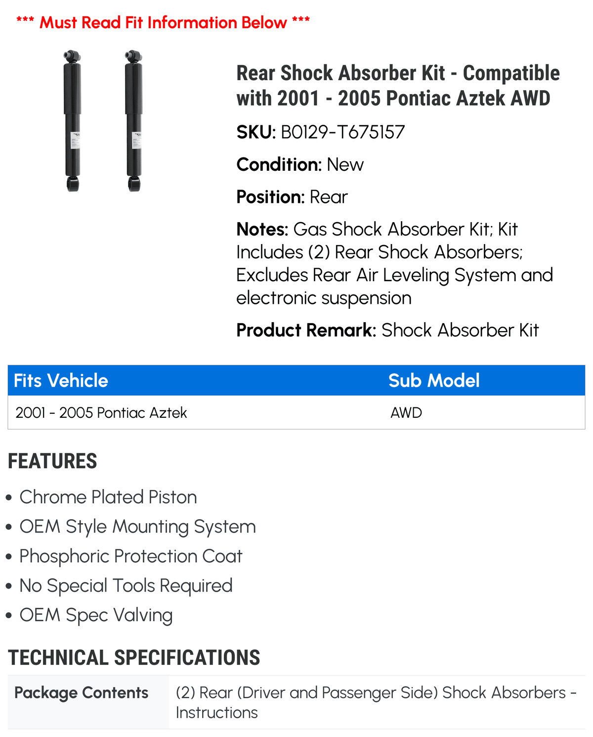 Rear Shock Absorber Kit for Pontiac Aztek AWD J6024