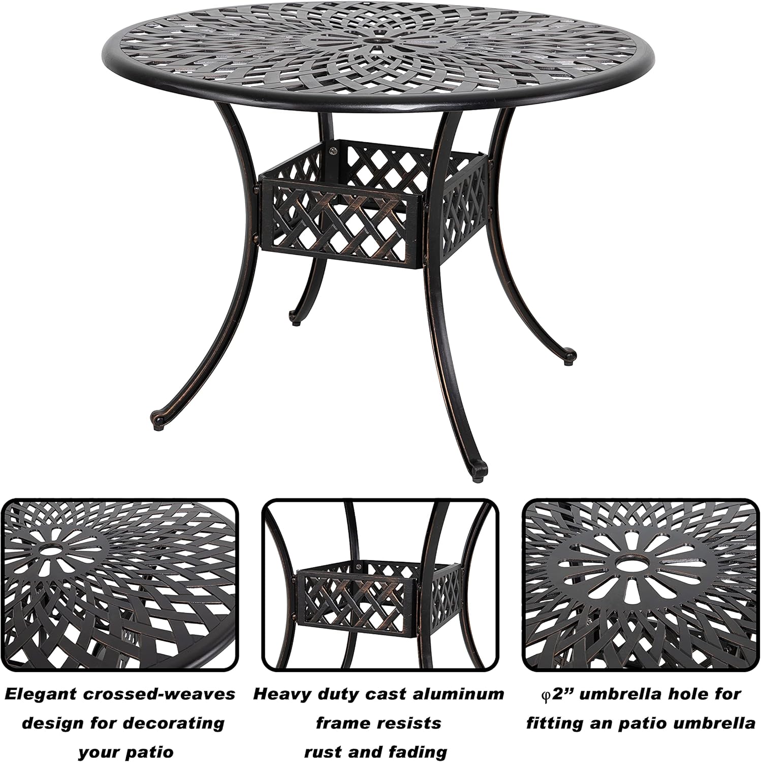 Black Round Cast Aluminum Patio Table with Umbrella Hole Z5647