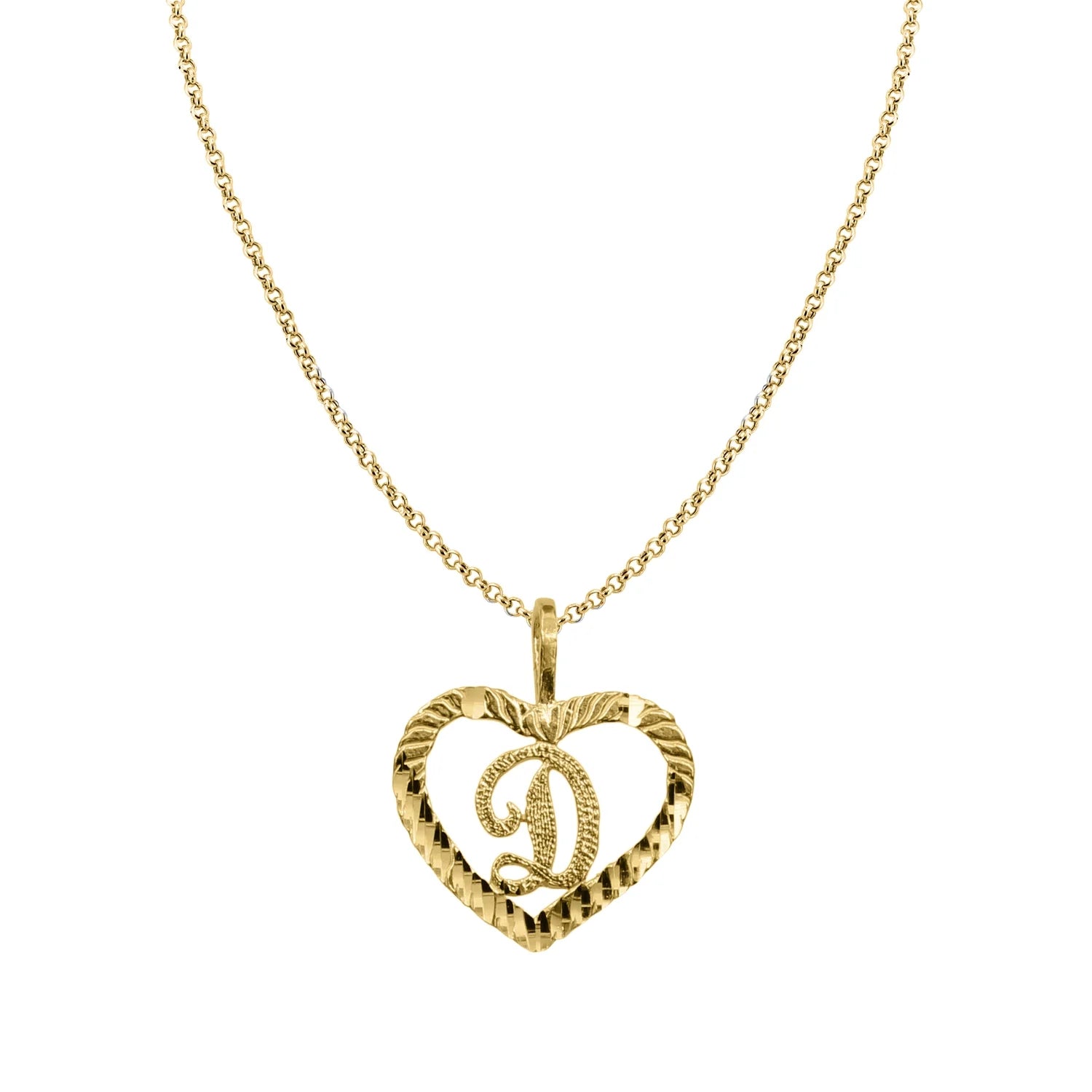 14k Yellow Gold Diamond-Cut Heart-Shaped Initial Letter Pendant with Rolo Chain A9157