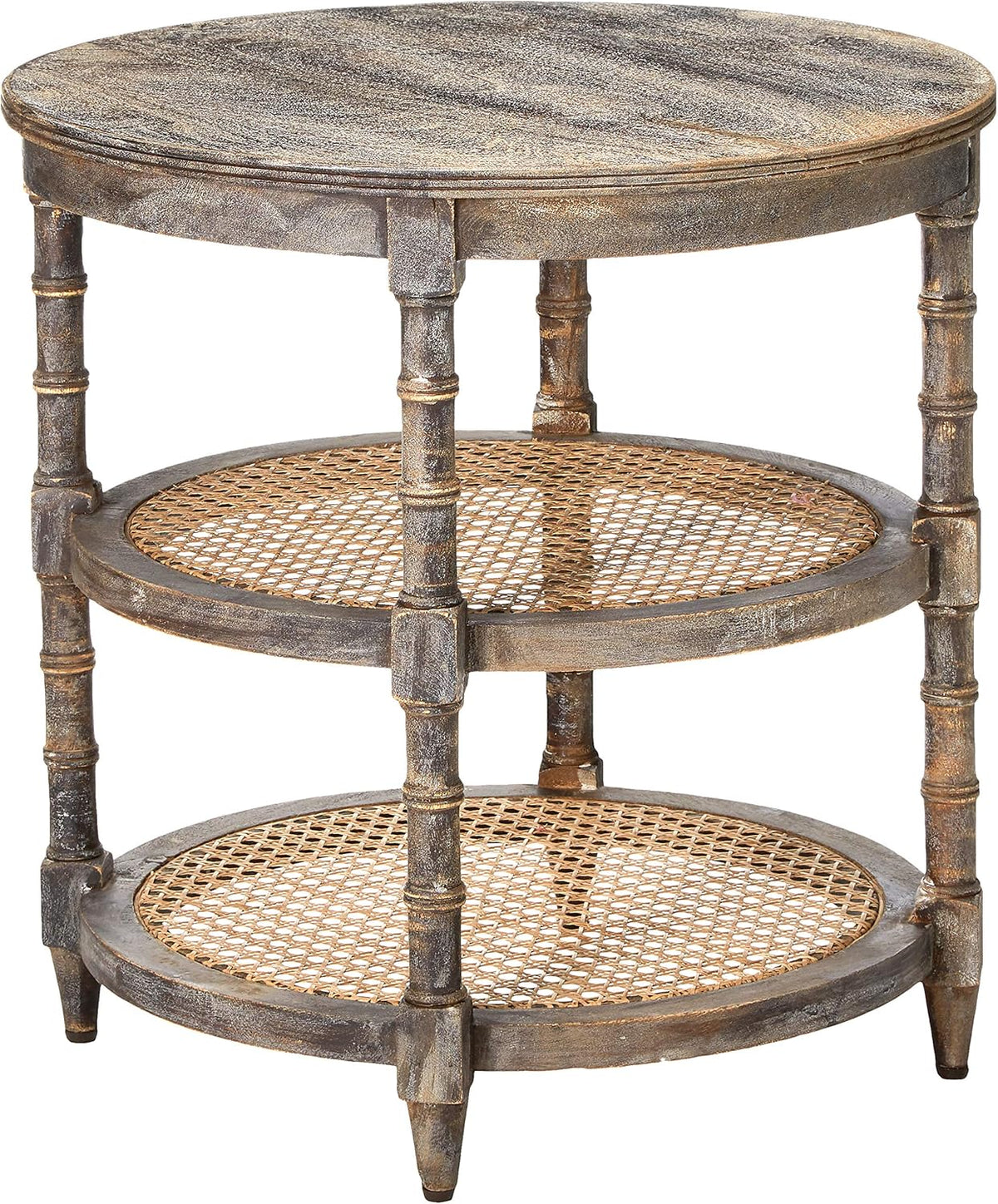 Round Mango Wood Table with 2 Cane Shelves C776