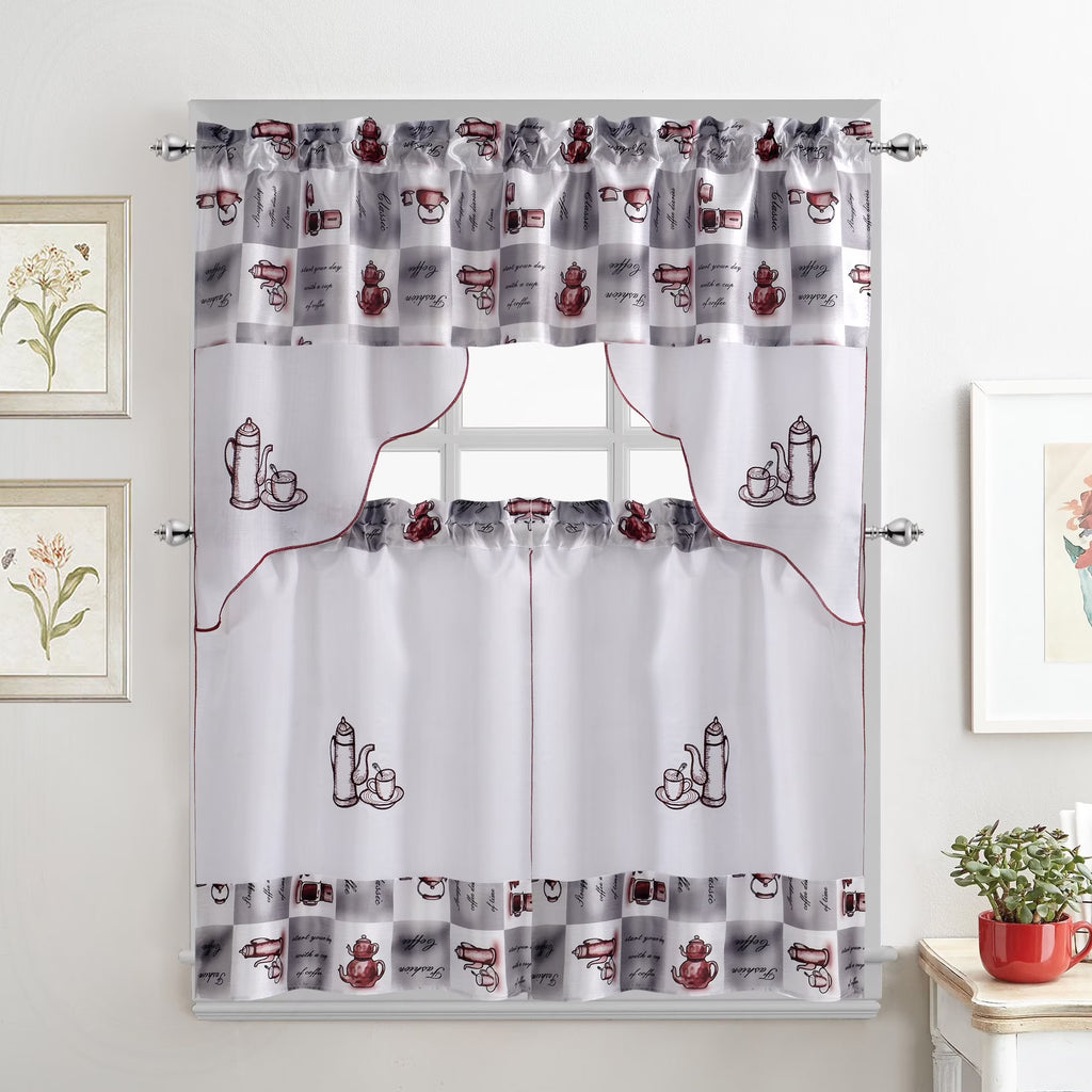 Coffee Embroidered 3-Piece Kitchen Curtain Tiers & Swag Set, 58x36 & 28x36 inches R241881