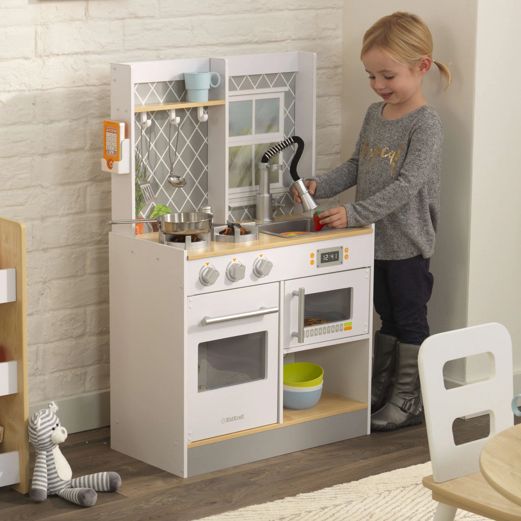 Wooden Play Kitchen with Lights & Sounds and Pull-Down Faucet A166